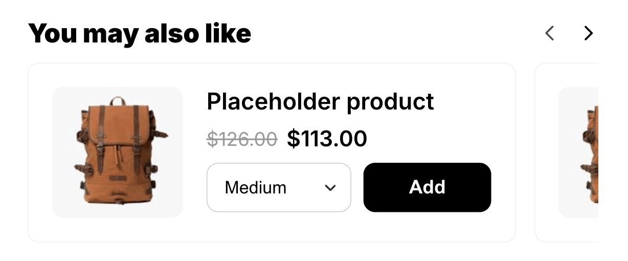 Upsells block showing strategy-picked product recommendations in the cart drawer