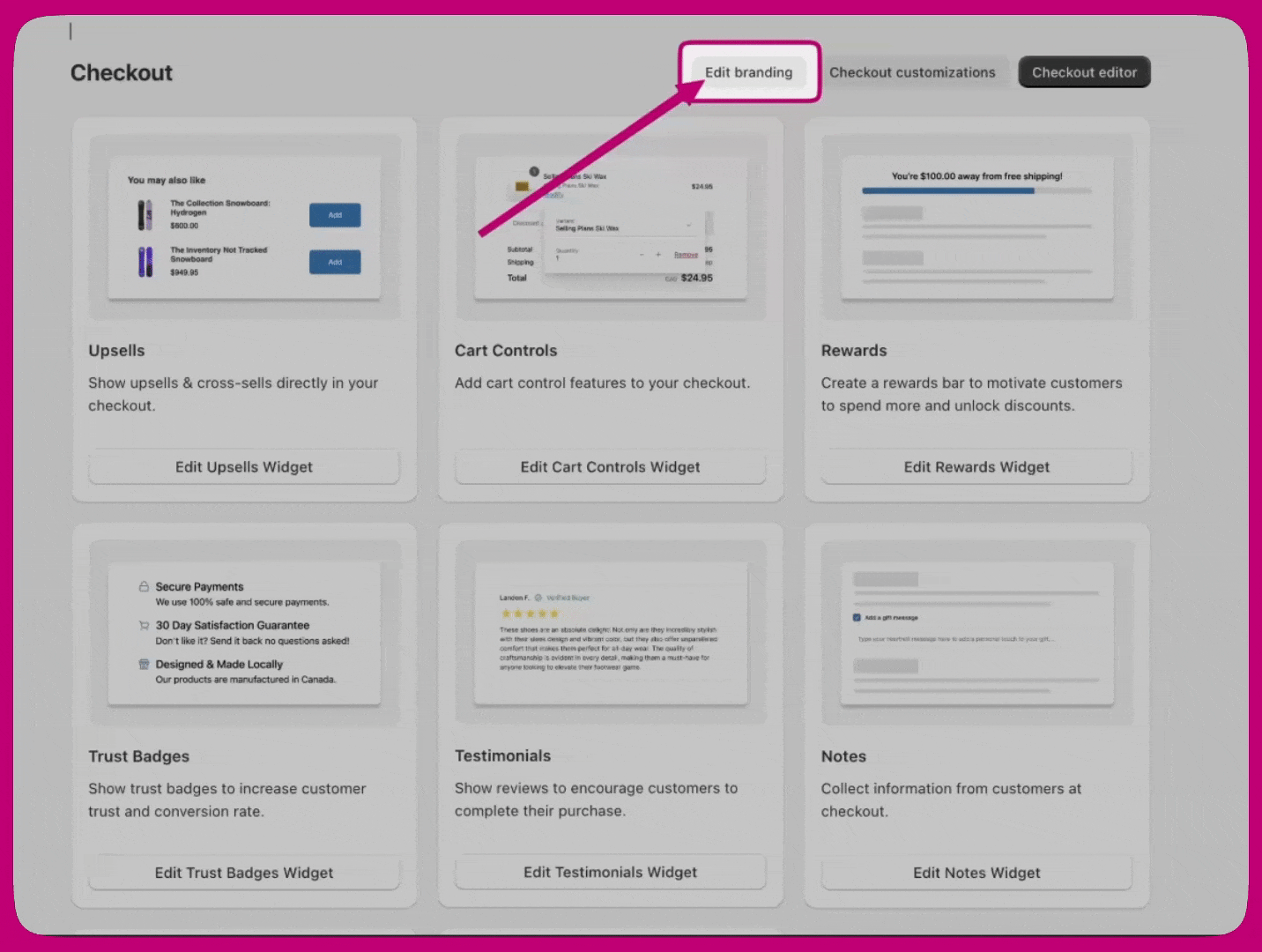 Aftersell Checkout dashboard with an arrow pointing to the Edit branding button