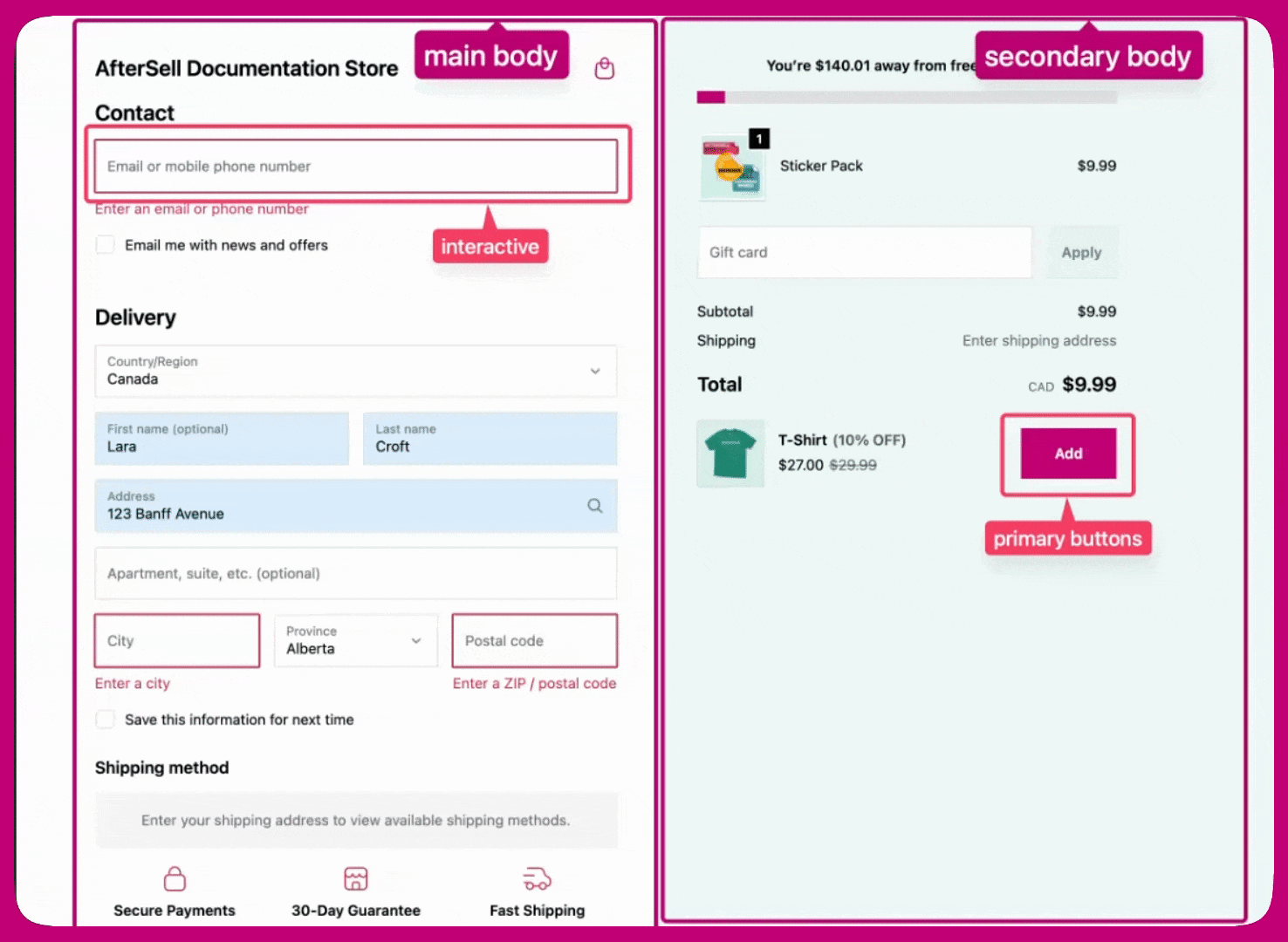 Checkout preview labeling main body, secondary body, interactive, and primary button areas