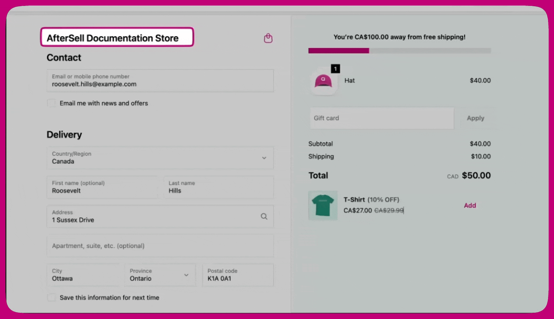 Checkout page with the store name header highlighted at top left