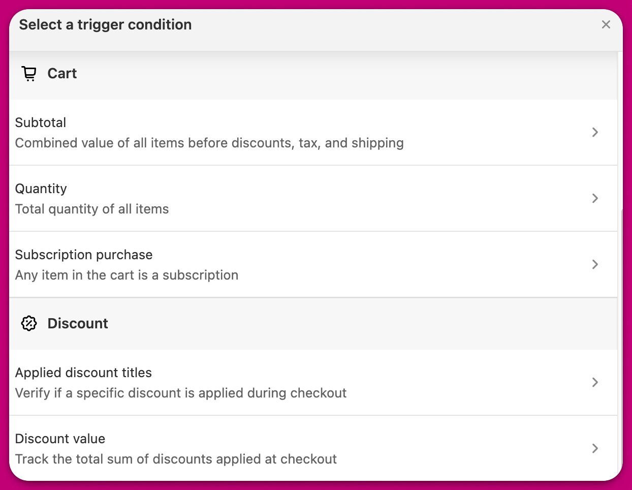 Select a trigger condition modal listing Cart and Discount condition options