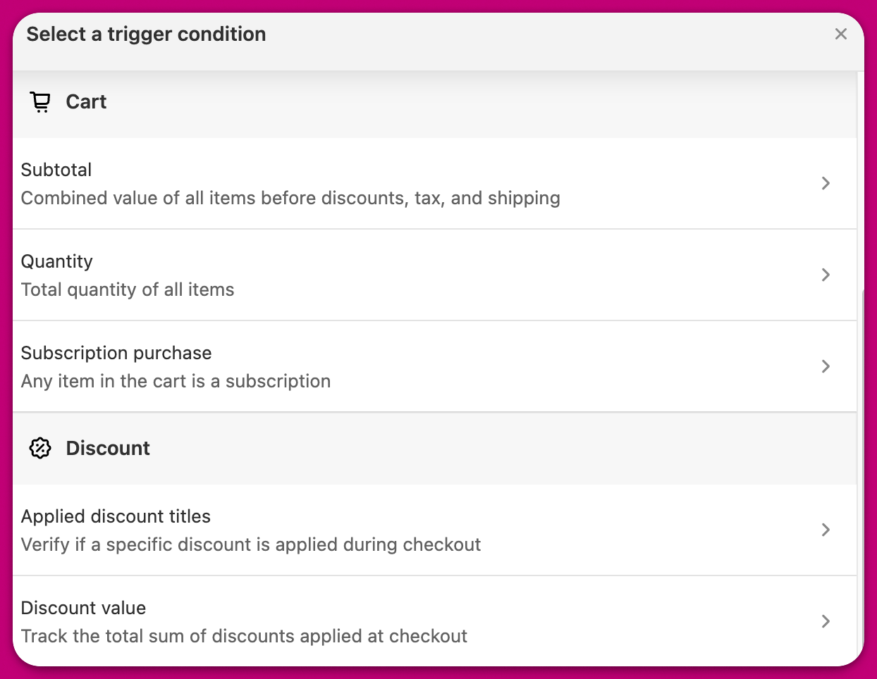 Select a trigger condition modal listing Cart and Discount condition options