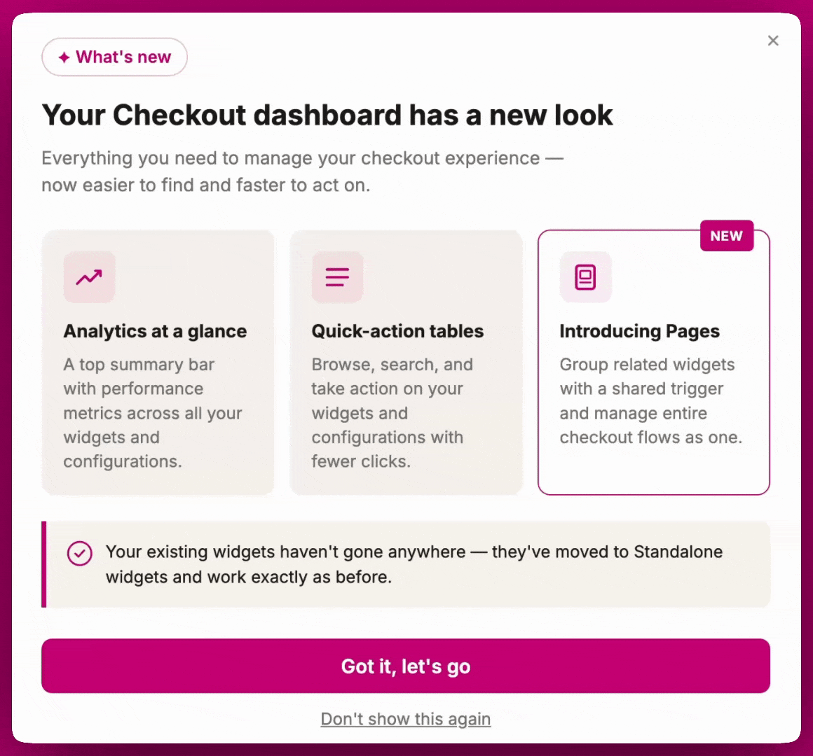 Aftersell Checkout dashboard What's new modal introducing Pages and analytics