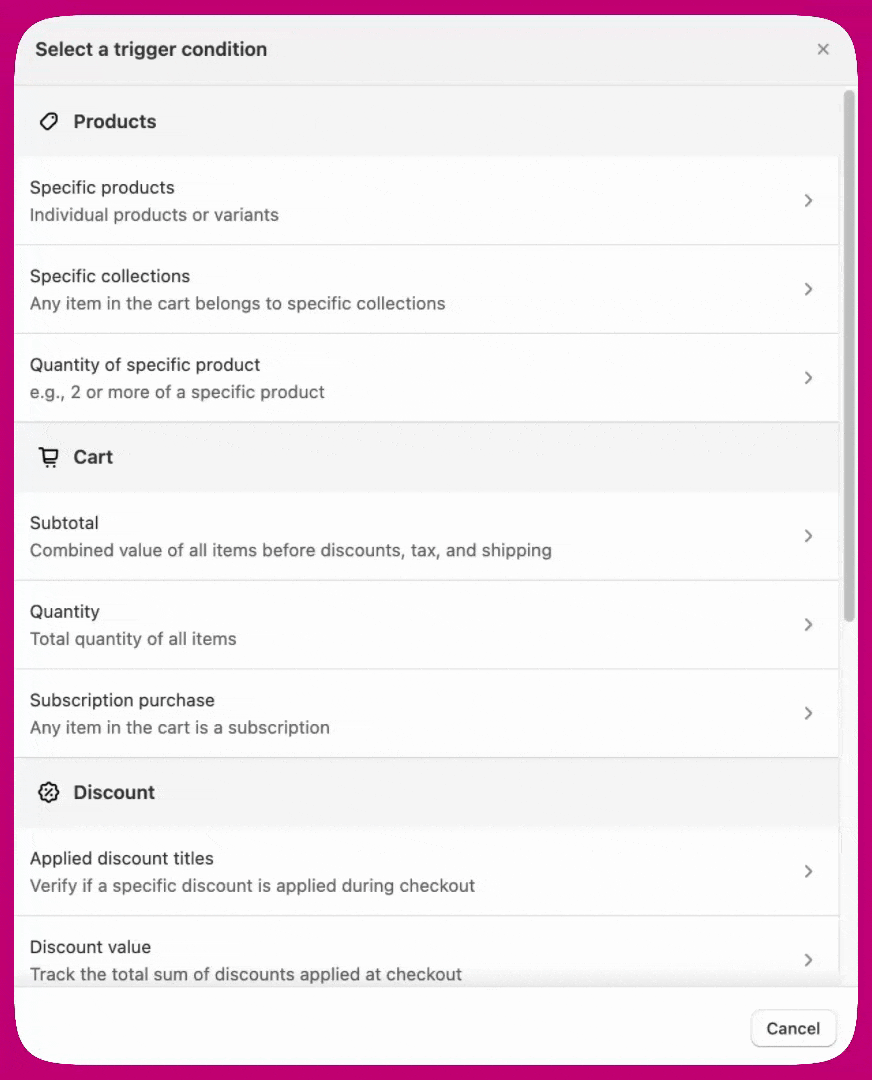 Scrolling through the trigger condition categories in the Aftersell trigger picker