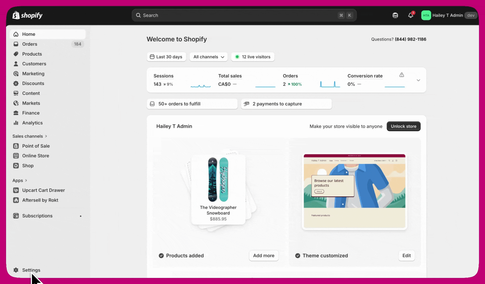 Shopify admin home with the Settings link highlighted to open the checkout editor