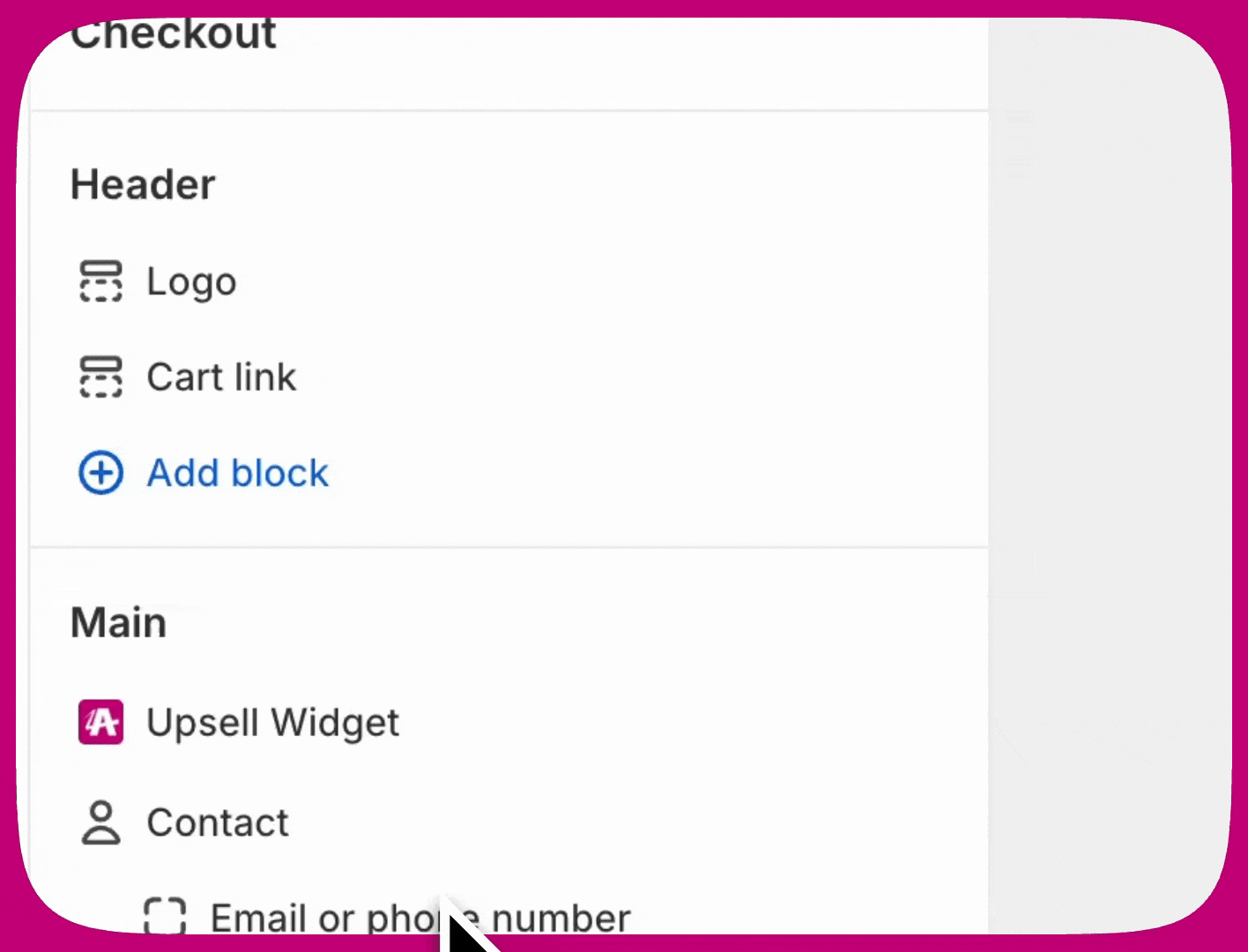 Shopify Checkout Editor sidebar showing the Aftersell Upsell Widget app block under Main