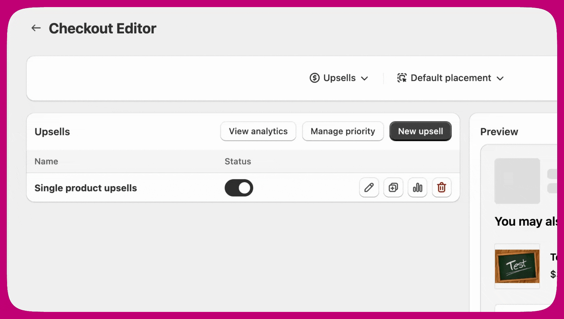 Aftersell Checkout editor showing the placement dropdown above the Upsells list and preview