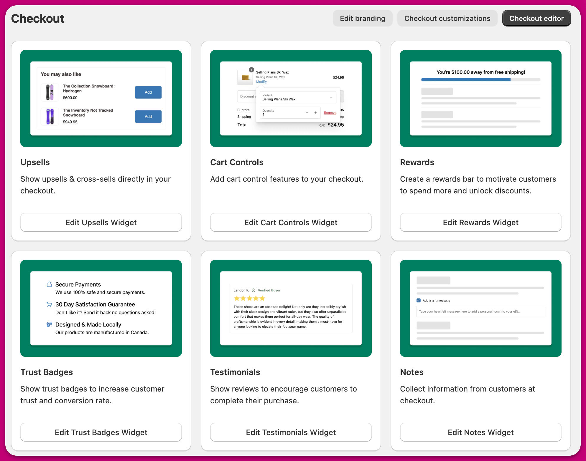 Aftersell Checkout page showing widget cards for Upsells, Cart Controls, Rewards, and Testimonials