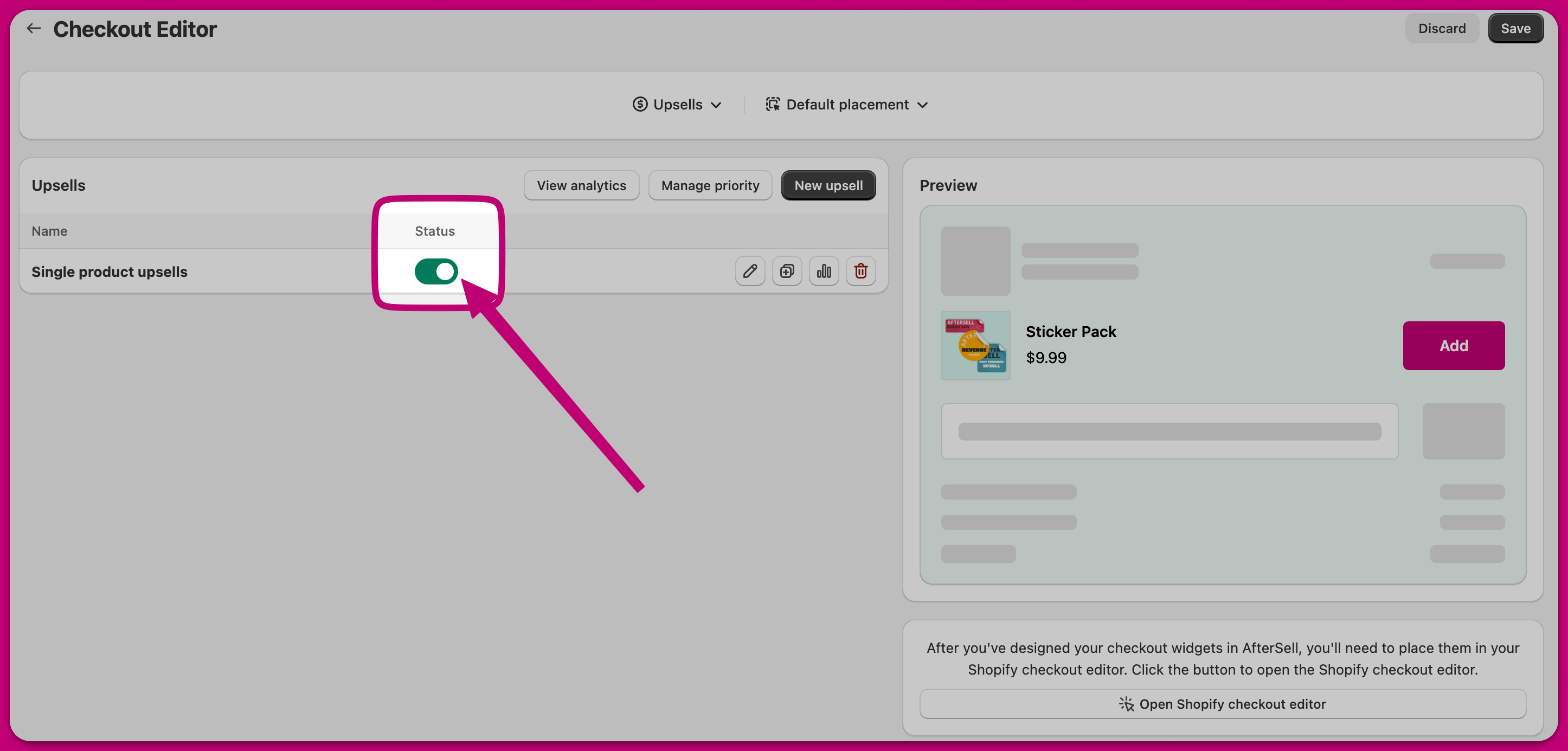 Checkout Editor with the upsell Status toggle switched on to activate the widget