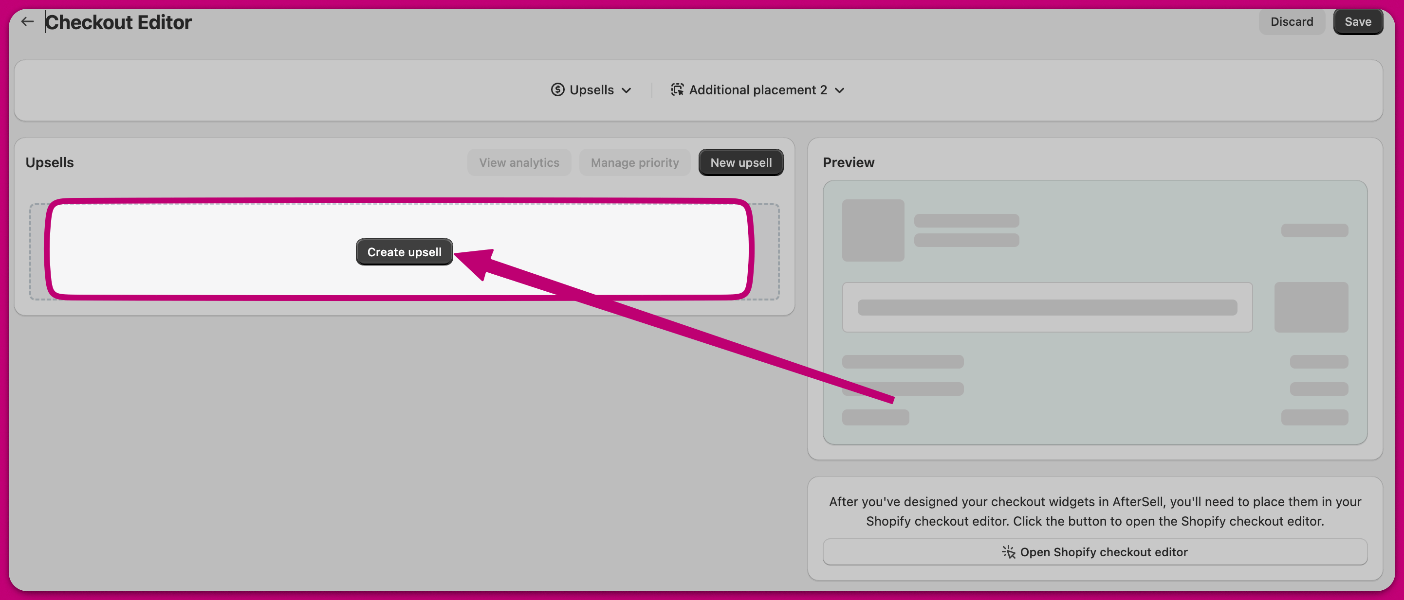 Checkout Editor Upsells panel with an arrow pointing to the Create upsell button