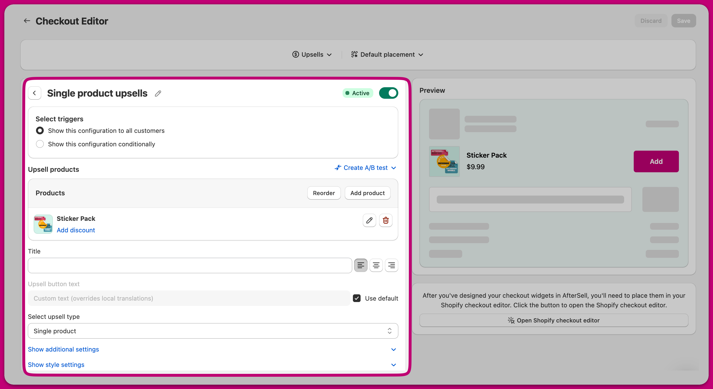 Single product upsell editor showing trigger, product, and styling settings with live preview
