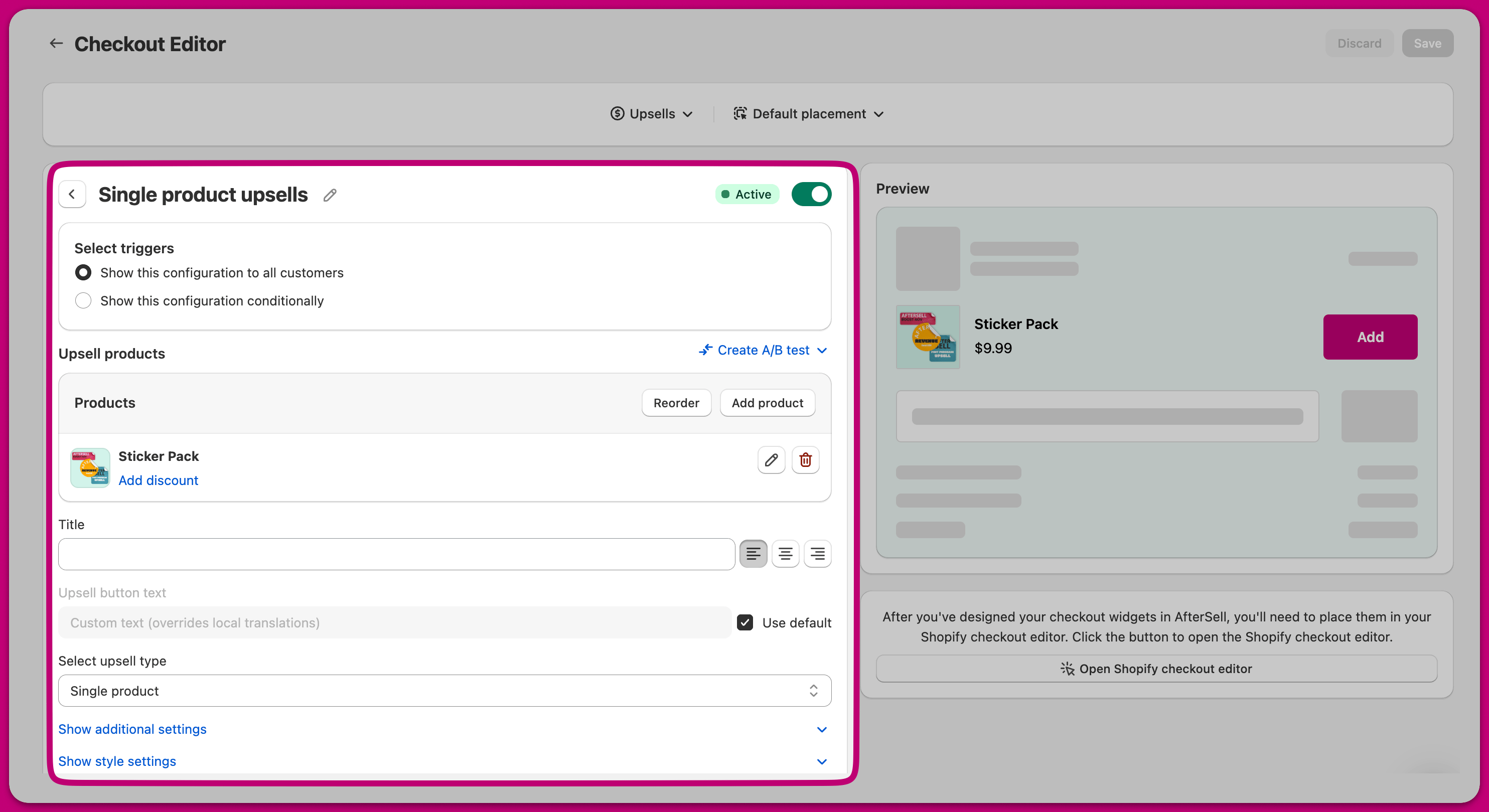 Single product upsell editor showing trigger, product, and styling settings with live preview