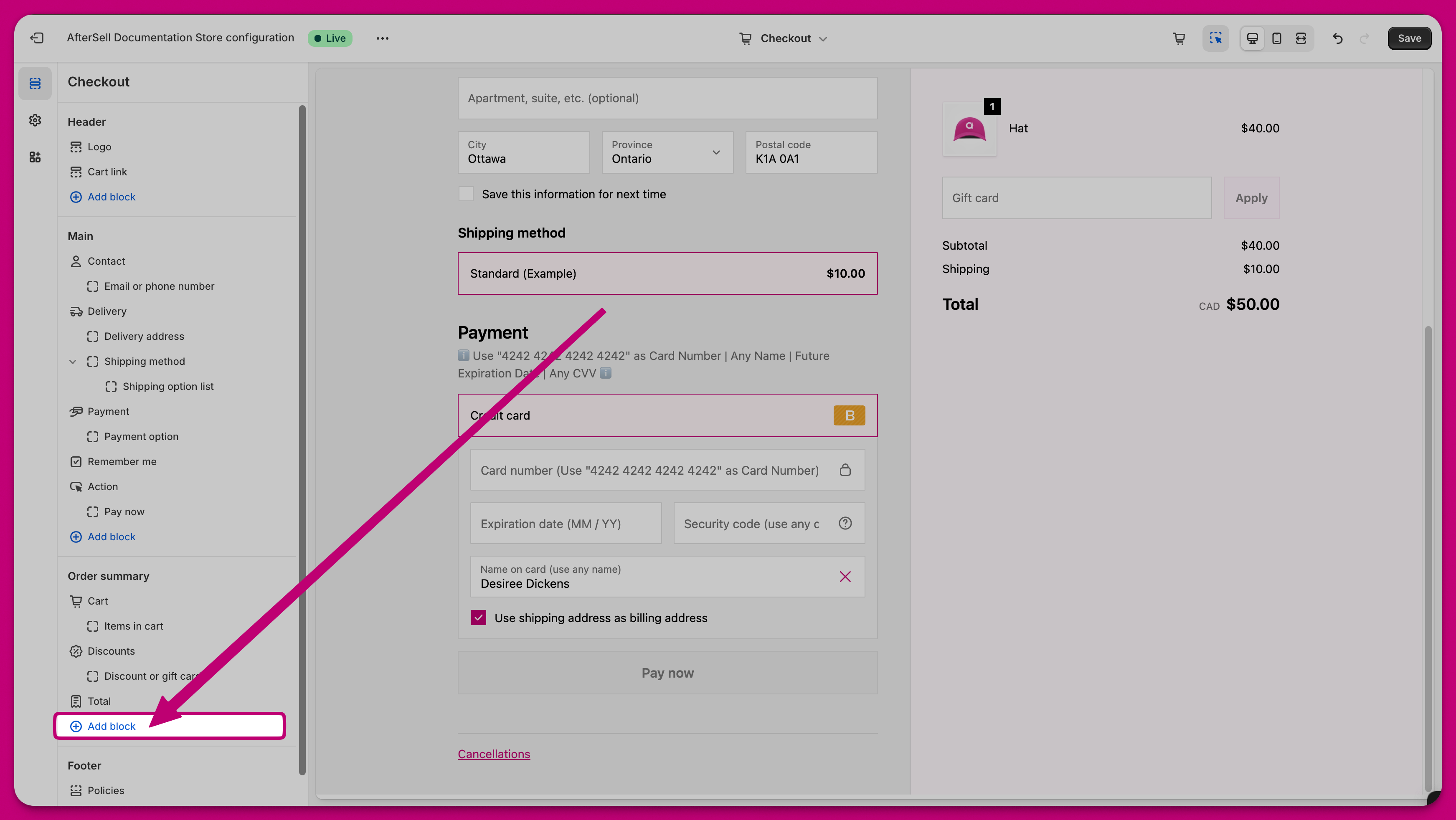 Shopify checkout editor with an arrow pointing to the Add app block button