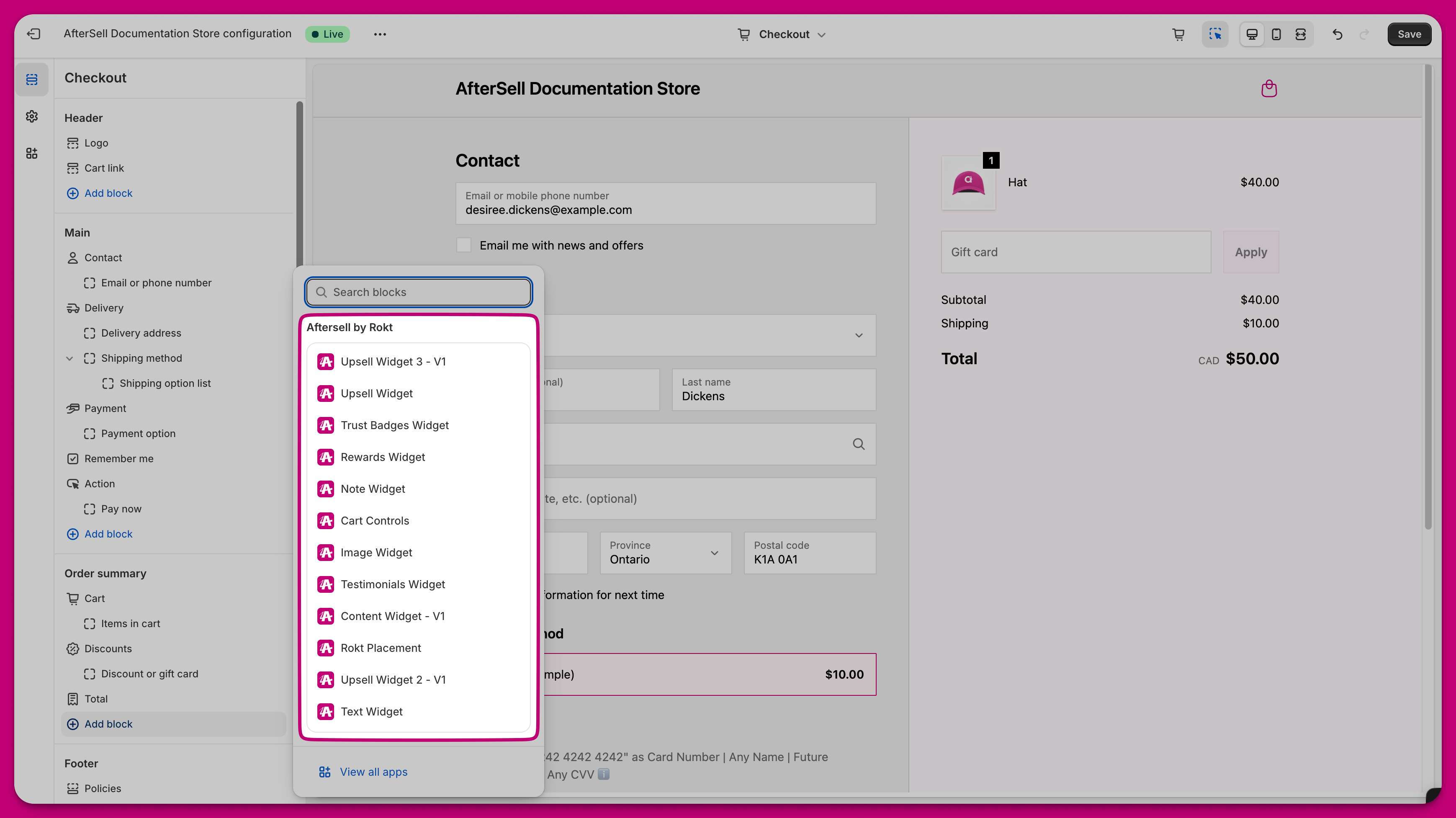 Shopify block picker listing Aftersell by Rokt widget options such as Trust Badges Widget