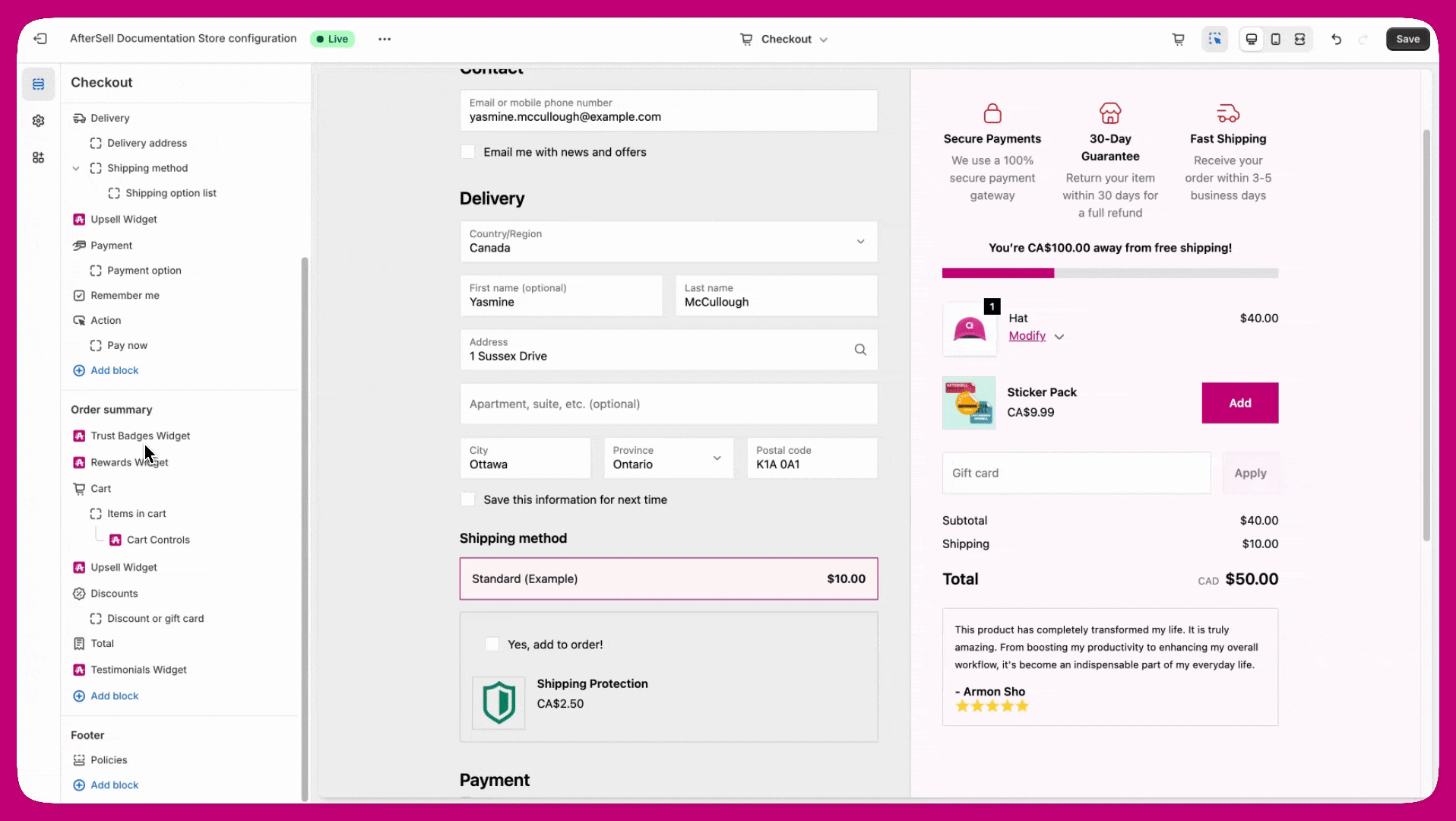 Dragging an Aftersell app block to reposition it in the Shopify checkout editor
