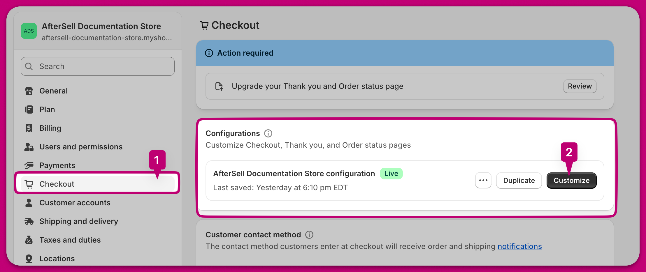 Shopify checkout settings with the Checkout tab and the Customize button highlighted
