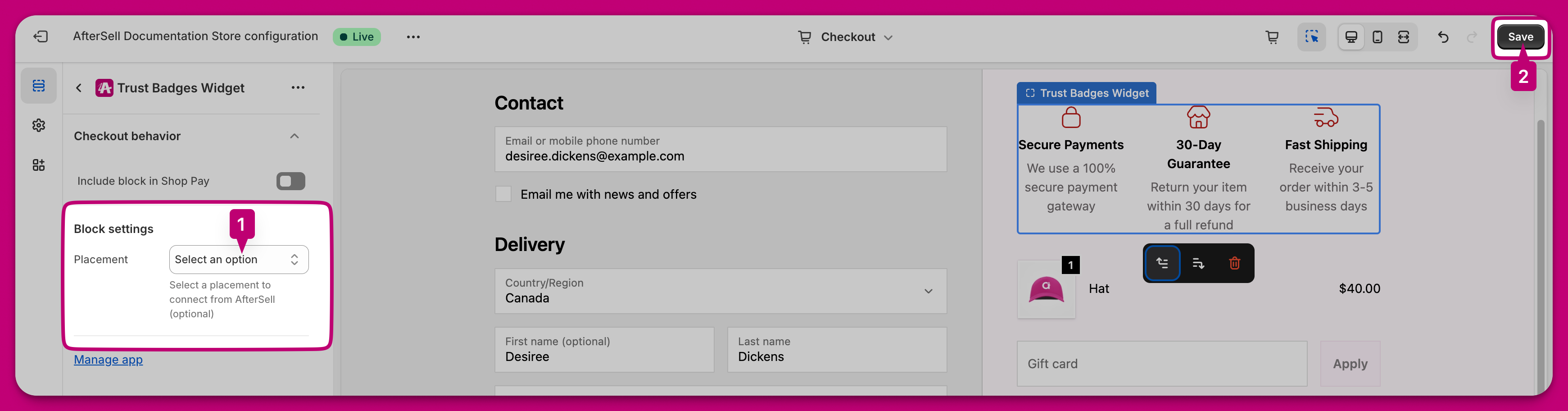 Trust Badges Widget block settings with a placement dropdown and the Save button highlighted