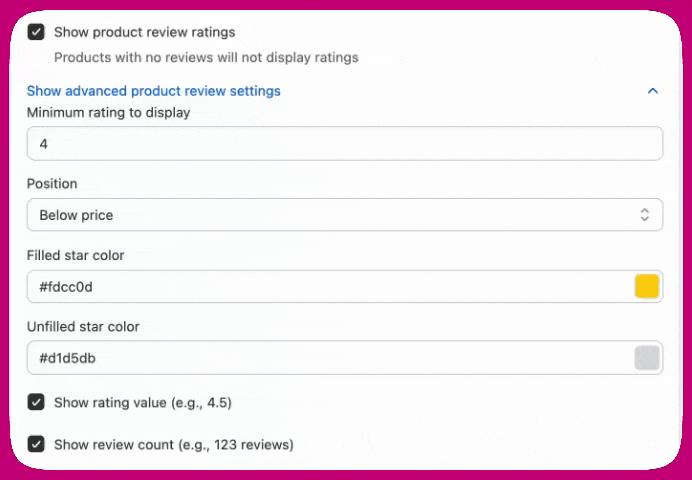 Advanced product review rating settings with minimum rating, position, and star color fields