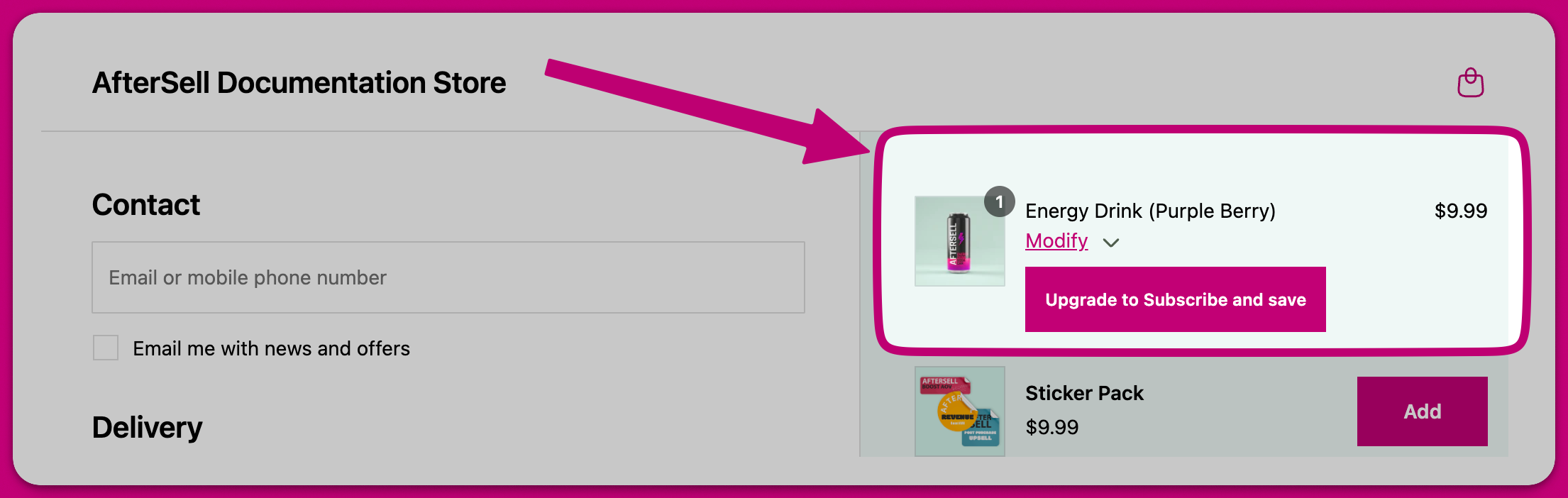 Checkout cart item with a Modify link and an Upgrade to Subscribe and save button highlighted