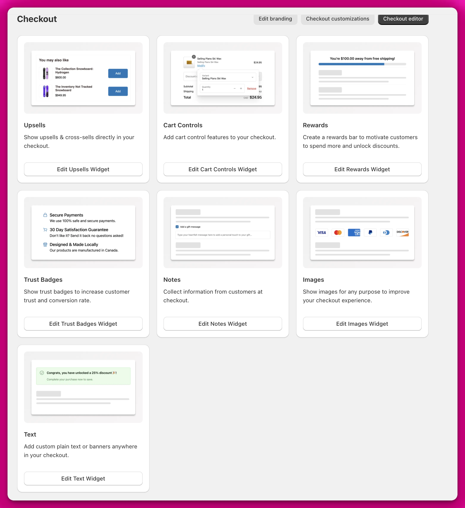 Aftersell Checkout editor showing widget cards for upsells, cart controls, rewards, trust badges, notes, images, and text