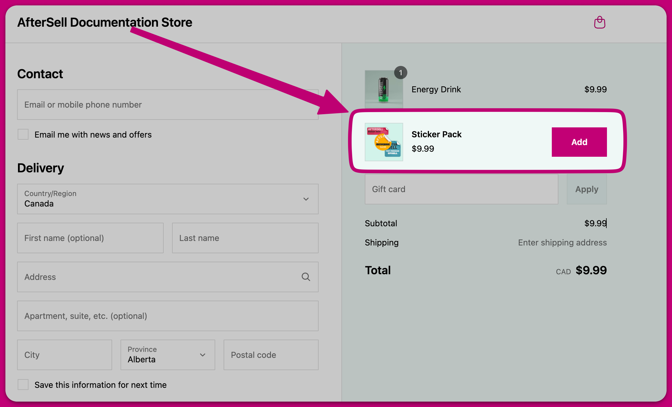 Checkout order summary highlighting a Sticker Pack upsell offer with an Add button