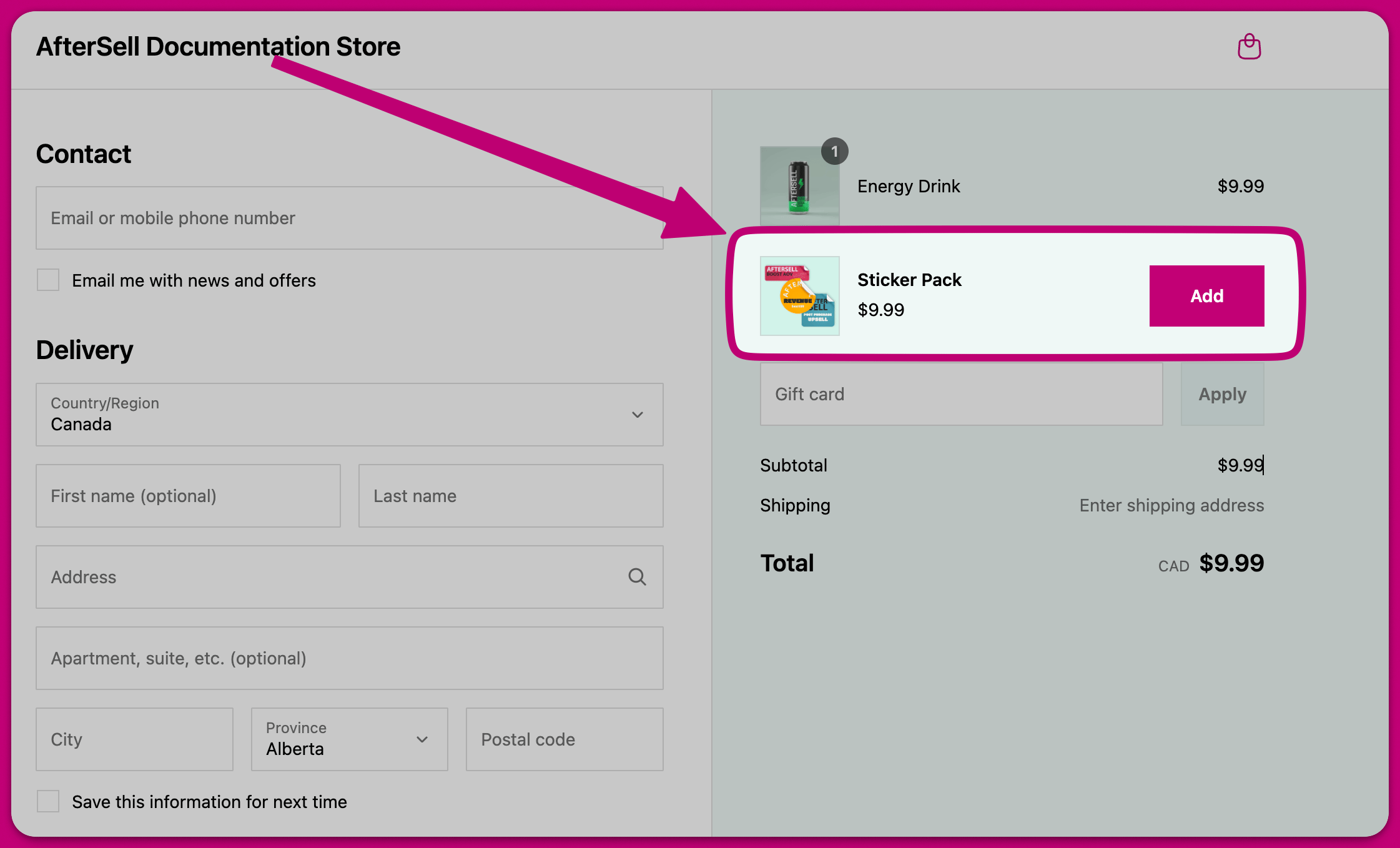 Checkout order summary highlighting a Sticker Pack upsell offer with an Add button