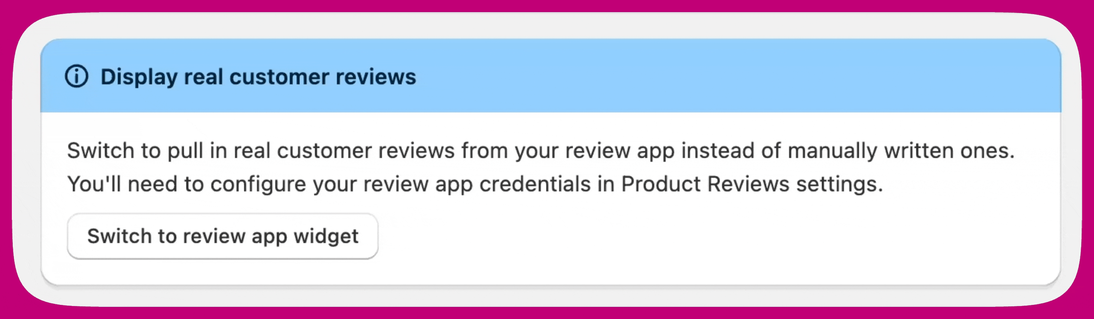 Aftersell banner prompting to switch to the review app widget for real customer reviews
