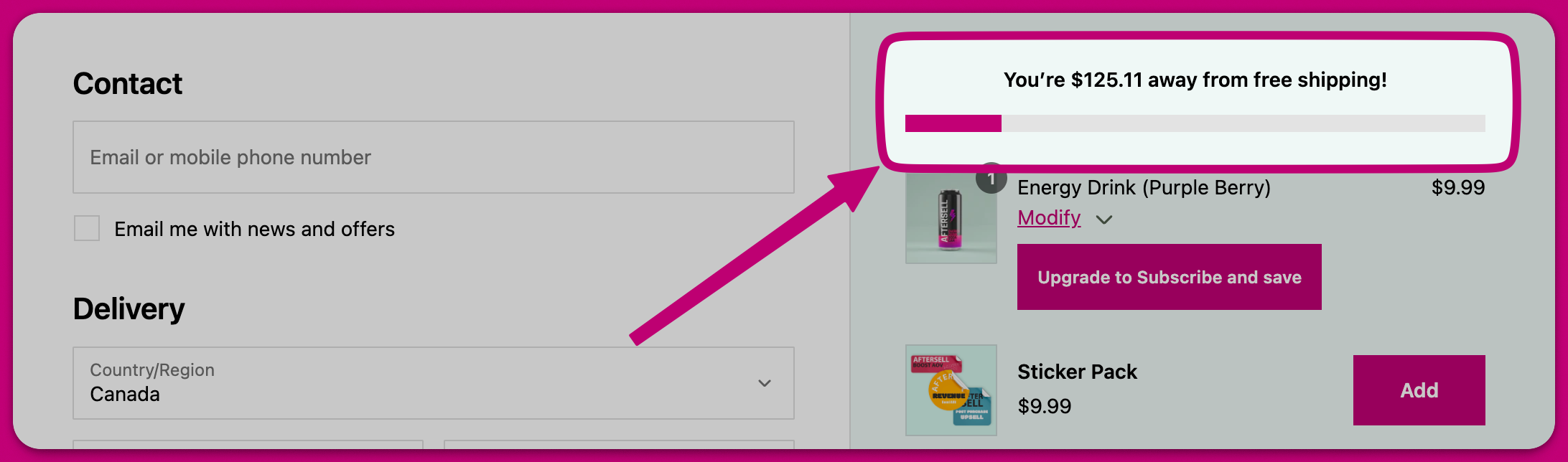 Checkout rewards bar showing progress toward free shipping highlighted above the cart