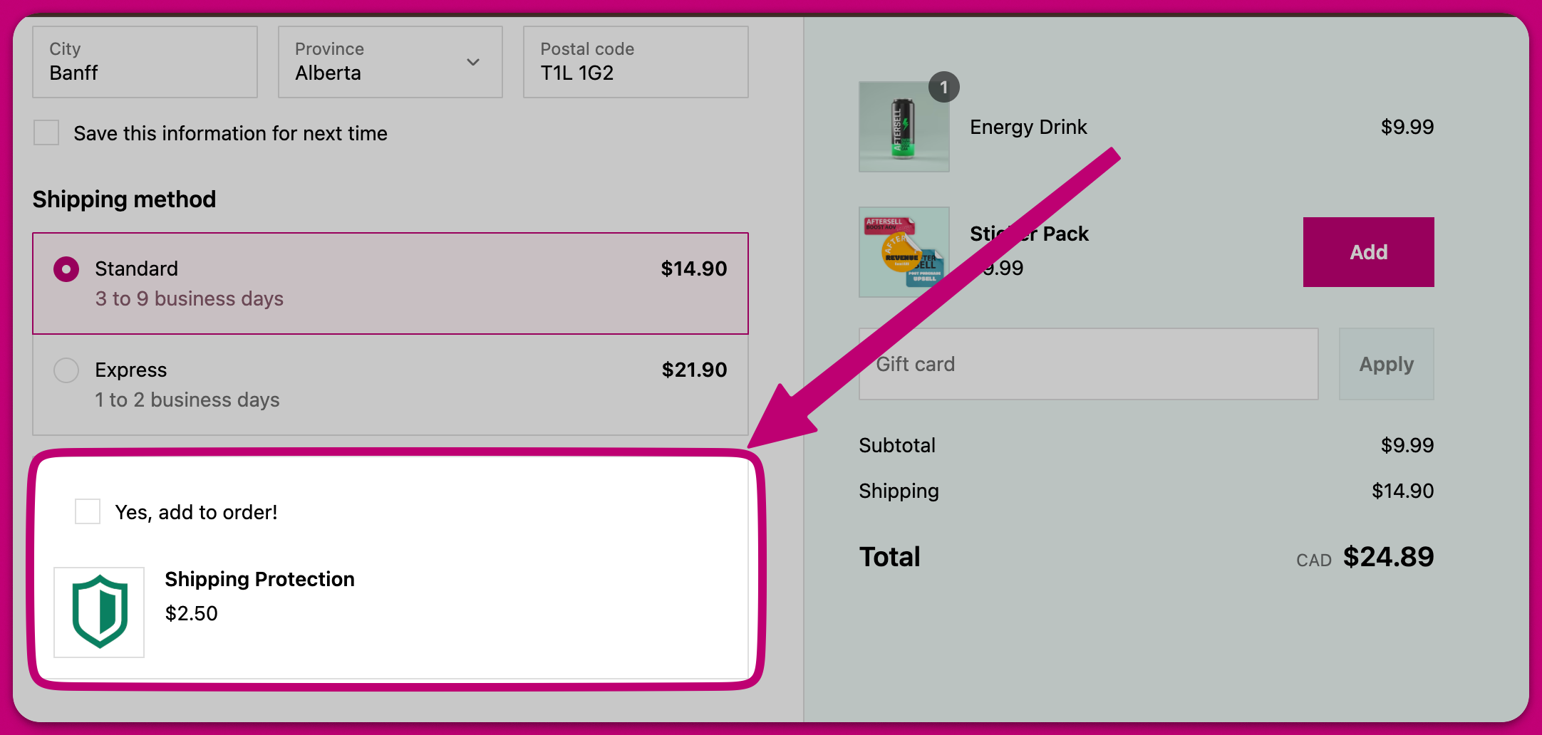 Checkout highlighting a Shipping Protection checkmark upsell with a Yes add to order checkbox