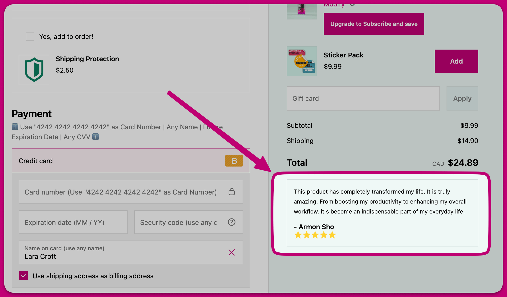 Checkout testimonial with a five-star customer review quote highlighted below the total