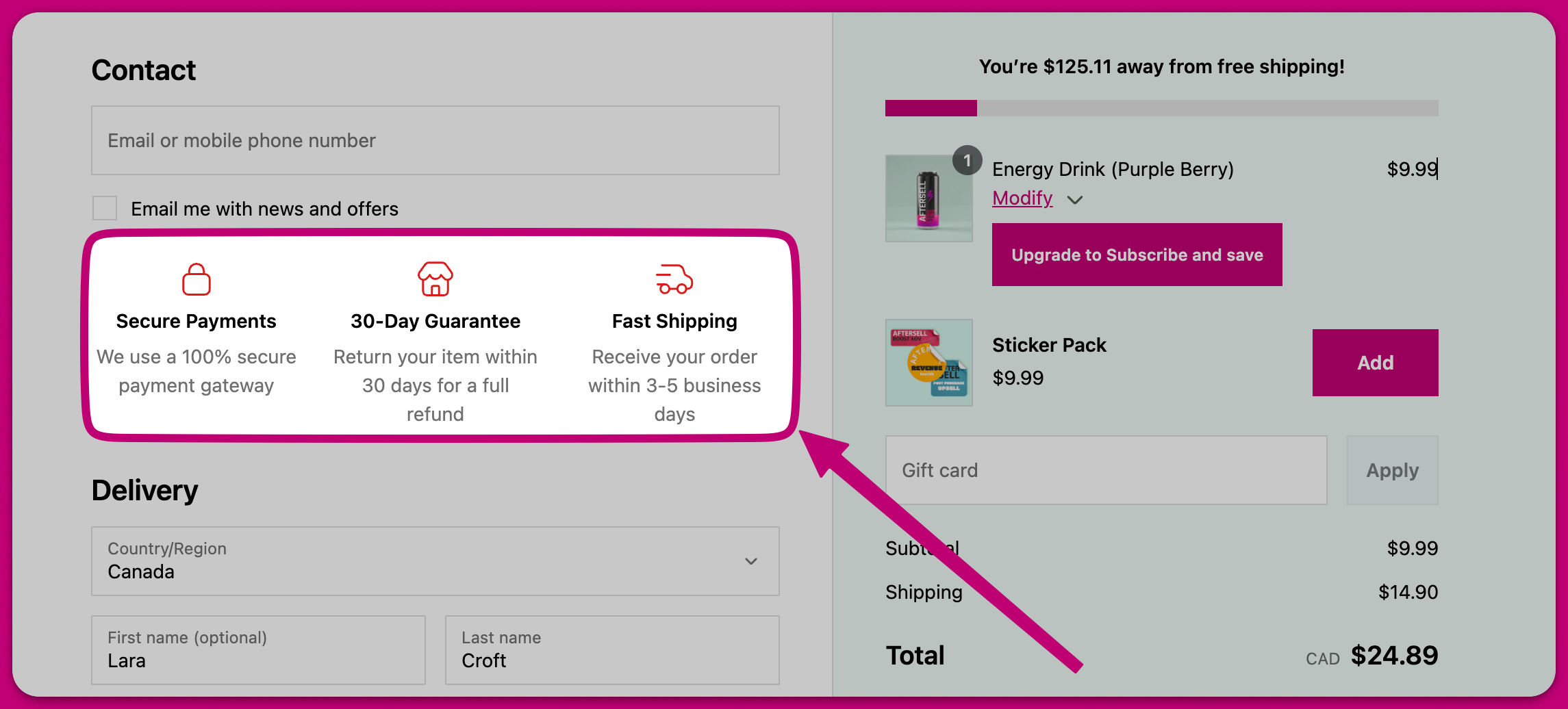 Checkout trust badges for Secure Payments, 30-Day Guarantee, and Fast Shipping with icons