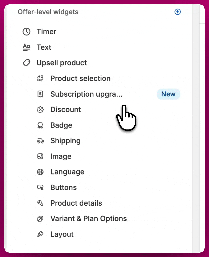 Aftersell offer editor widget list with the cursor hovering the Discount option