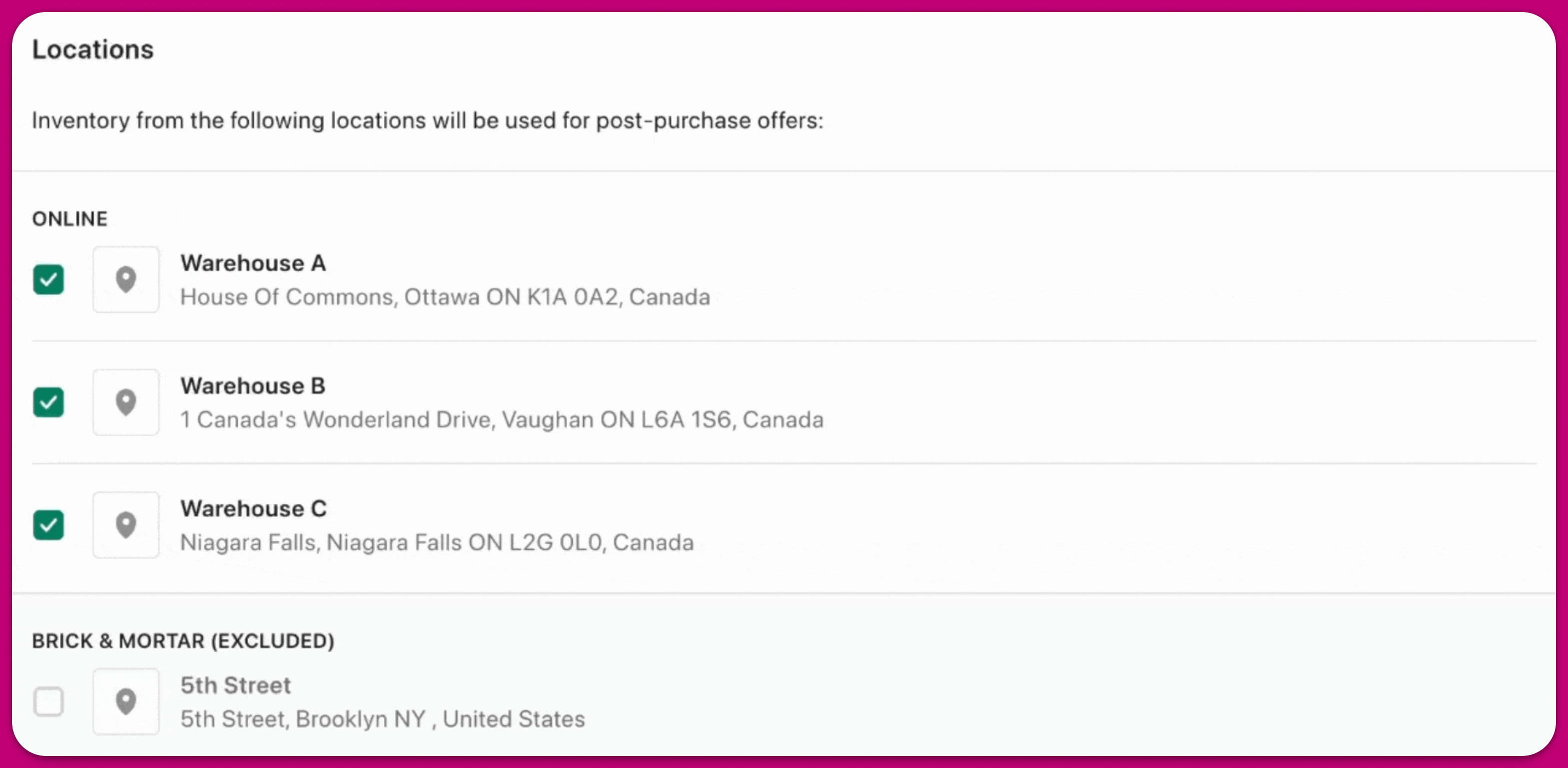 Aftersell inventory location settings with online warehouses selected and a retail location excluded