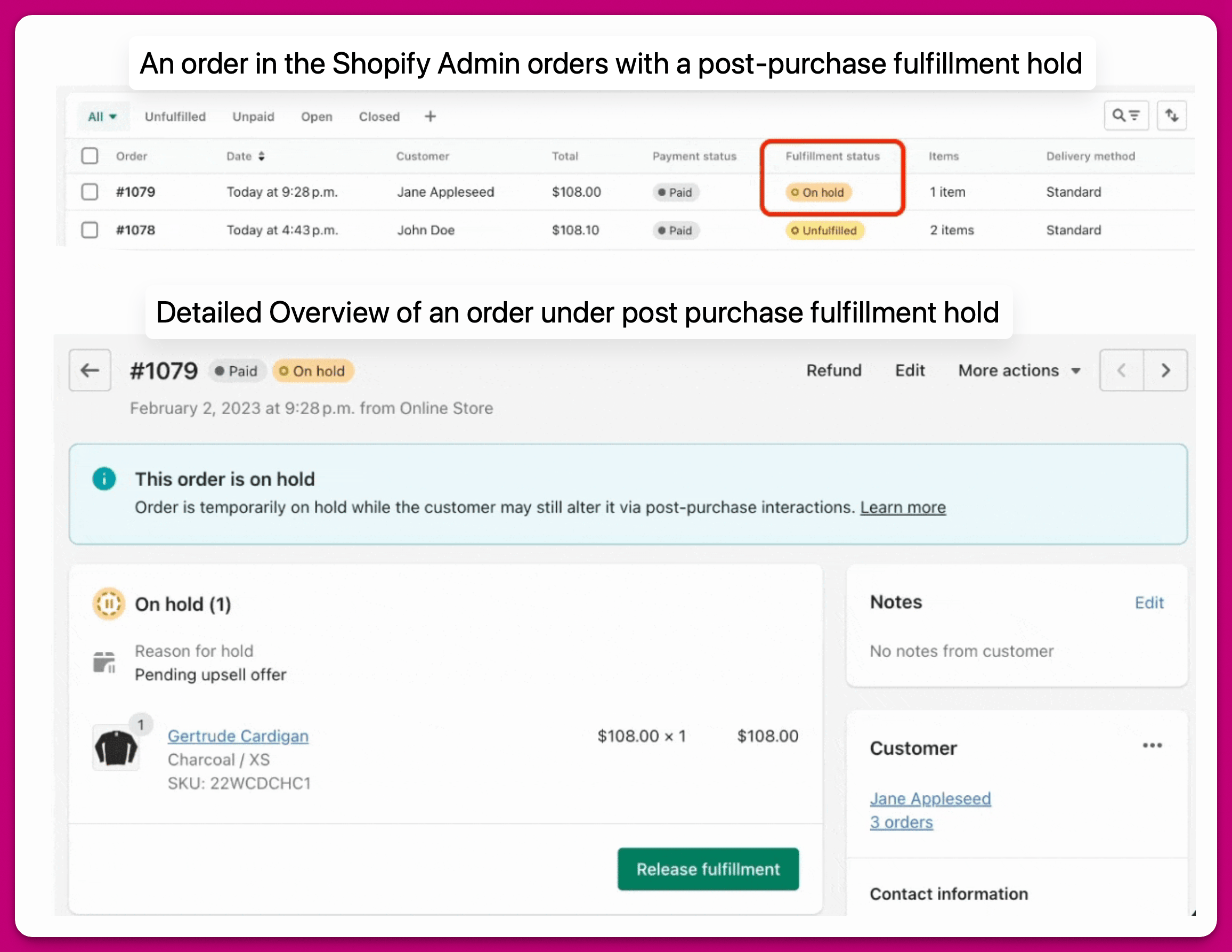 Shopify order list and detail view showing an order on hold with a Release fulfillment button