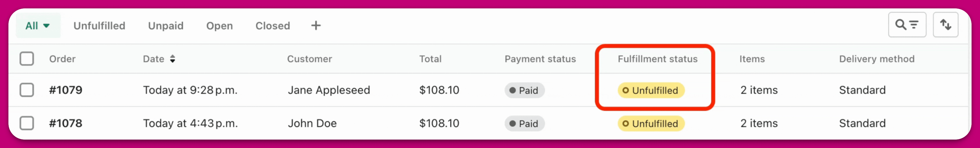 Shopify orders list showing an order fulfillment status changed to Unfulfilled