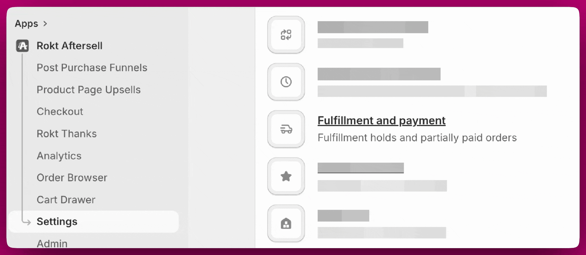 Aftersell Settings menu with the Fulfillment and payment section highlighted