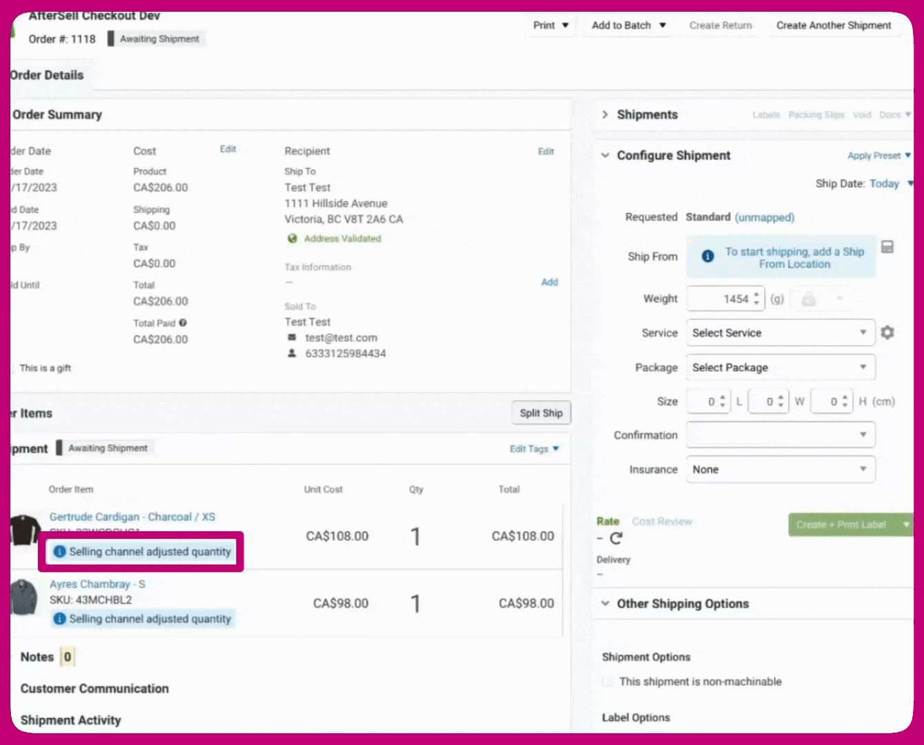 ShipStation order detail showing Selling channel adjusted quantity notes on line items