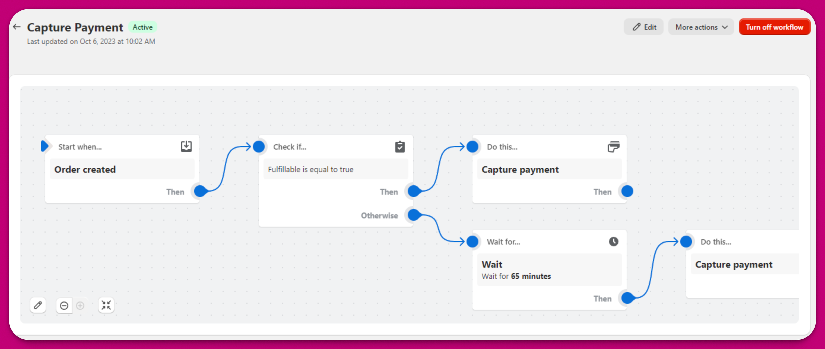 Shopify Flow workflow capturing payment when an order's Fulfillable field is true