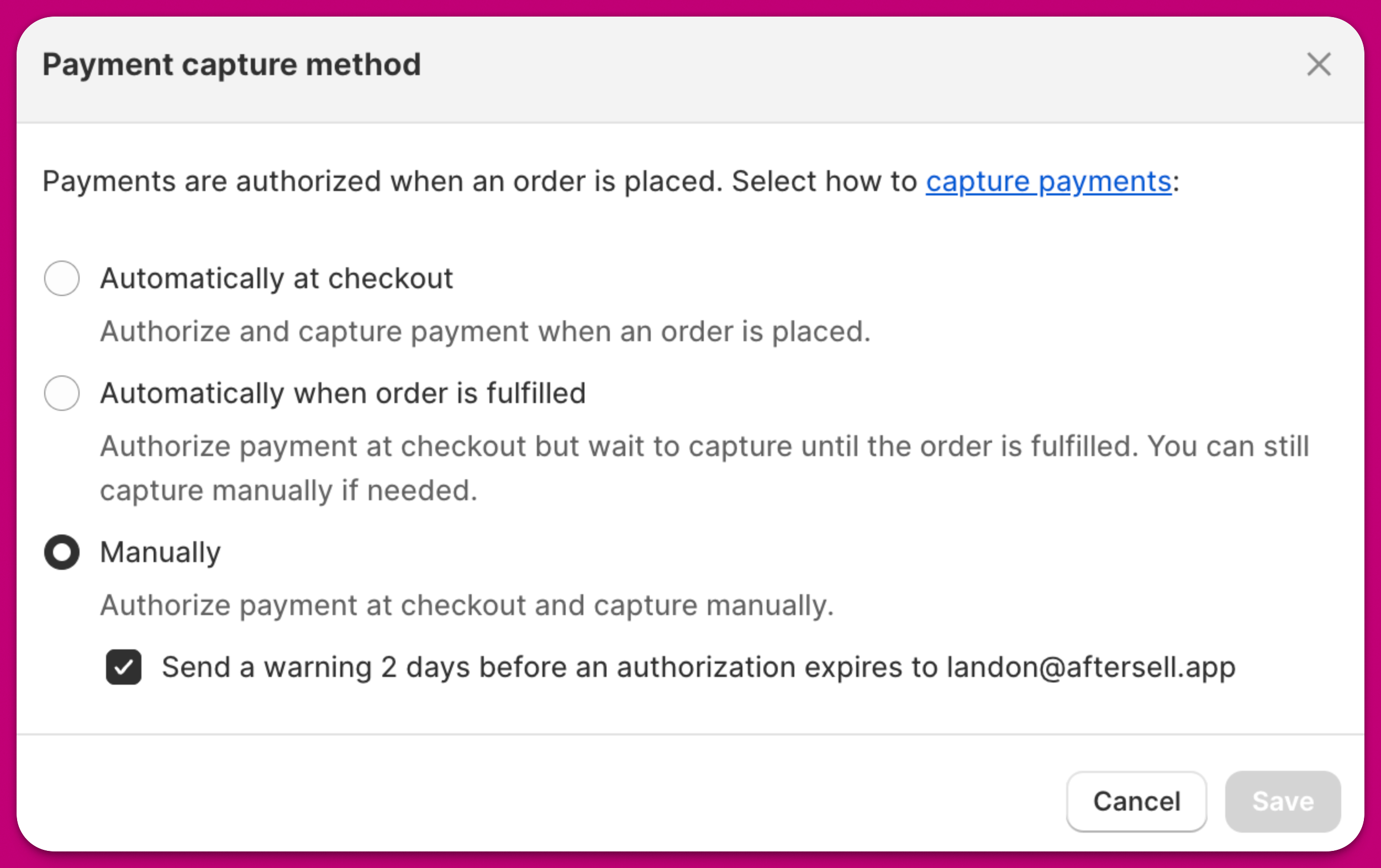 Shopify Payment capture method dialog with the Manually option selected