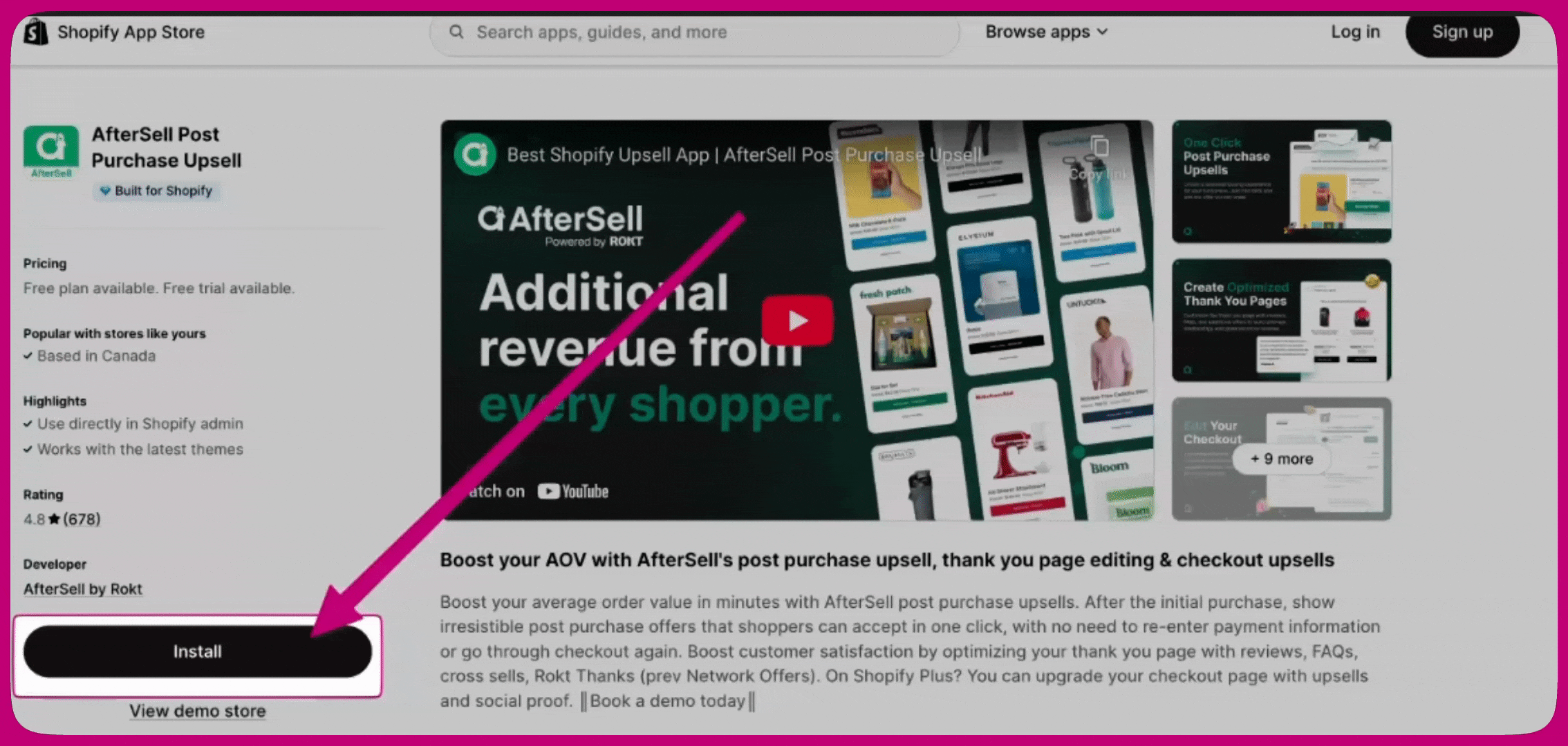 AfterSell app listing page with an arrow pointing to the Install button