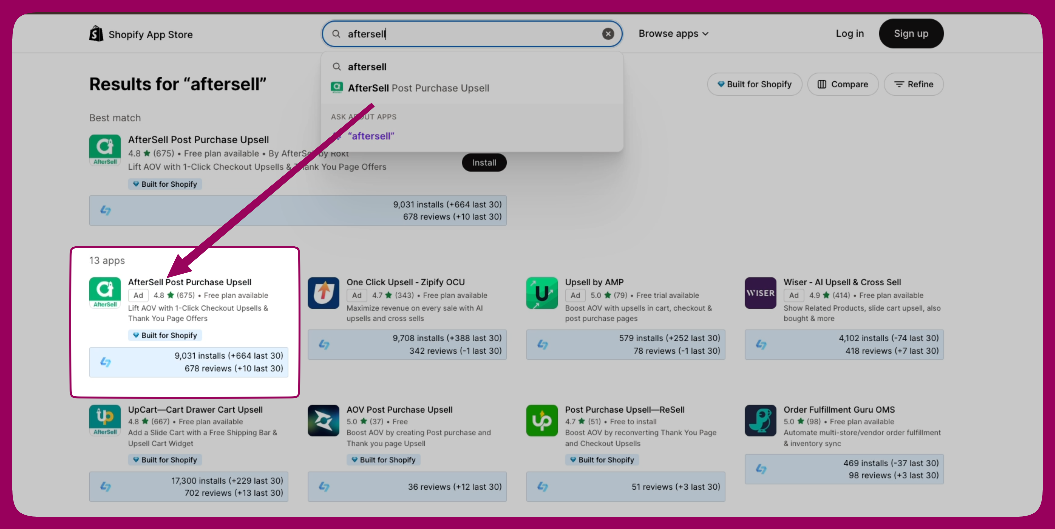 Shopify App Store search results with AfterSell Post Purchase Upsell highlighted
