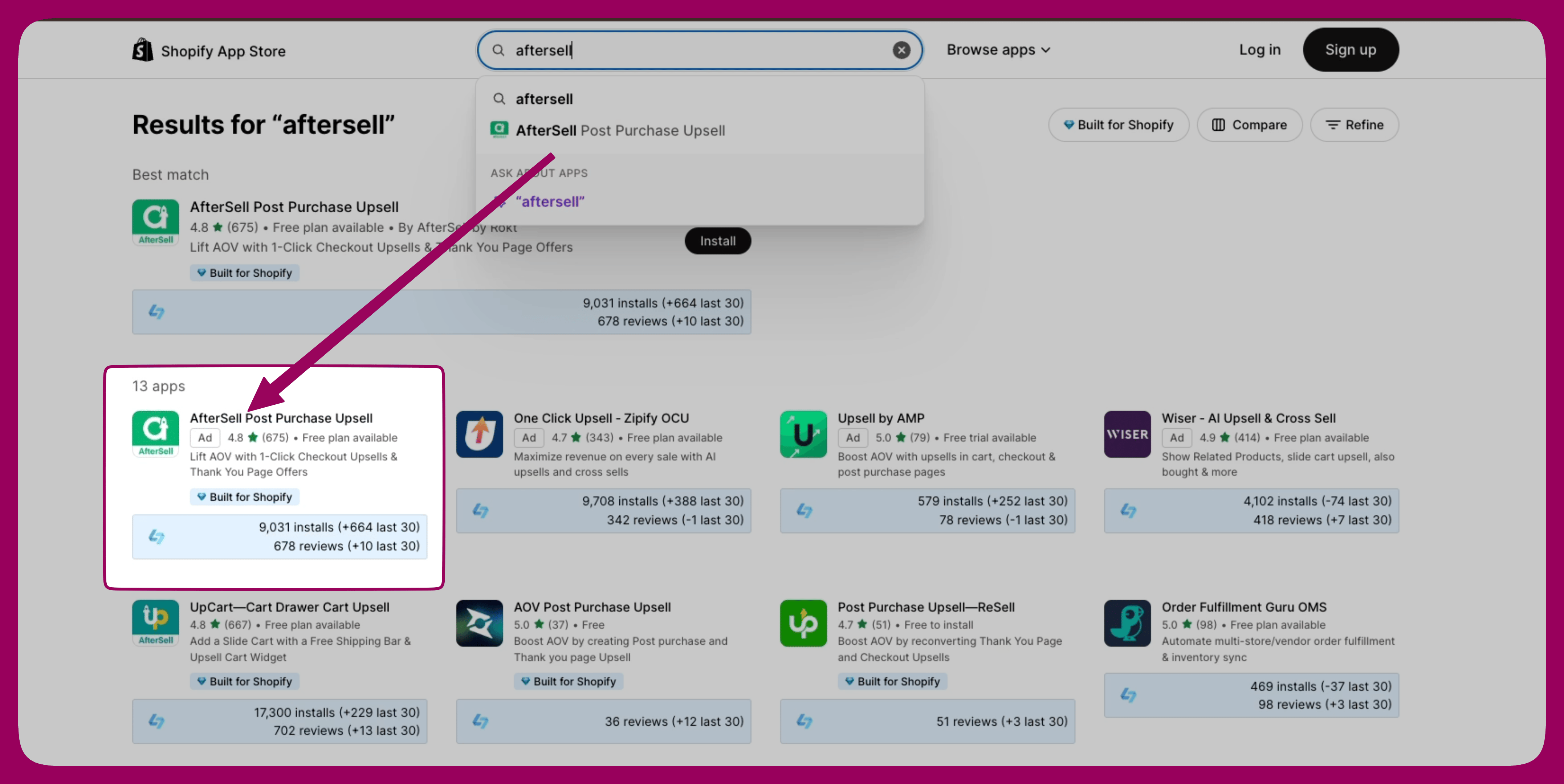 Shopify App Store search results with AfterSell Post Purchase Upsell highlighted