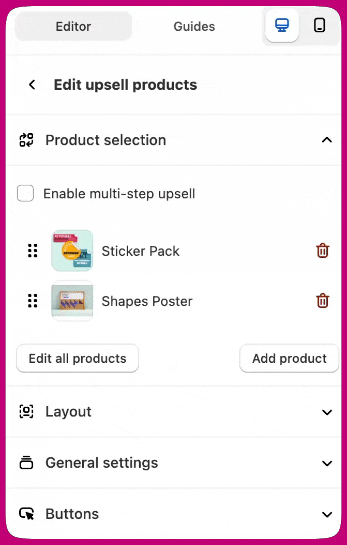 Aftersell Edit upsell products panel with the Enable multi-step upsell checkbox and product list