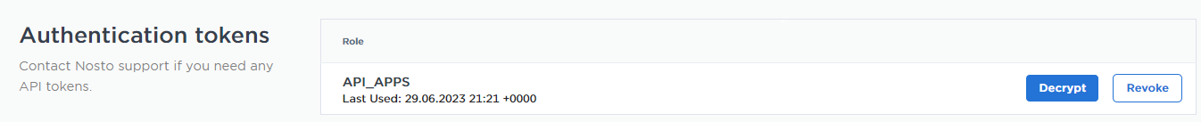 Nosto Authentication tokens page with the API_APPS role Decrypt button