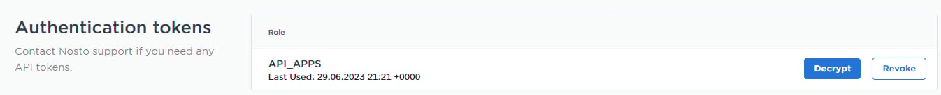 Nosto Authentication tokens page with the API_APPS role Decrypt button