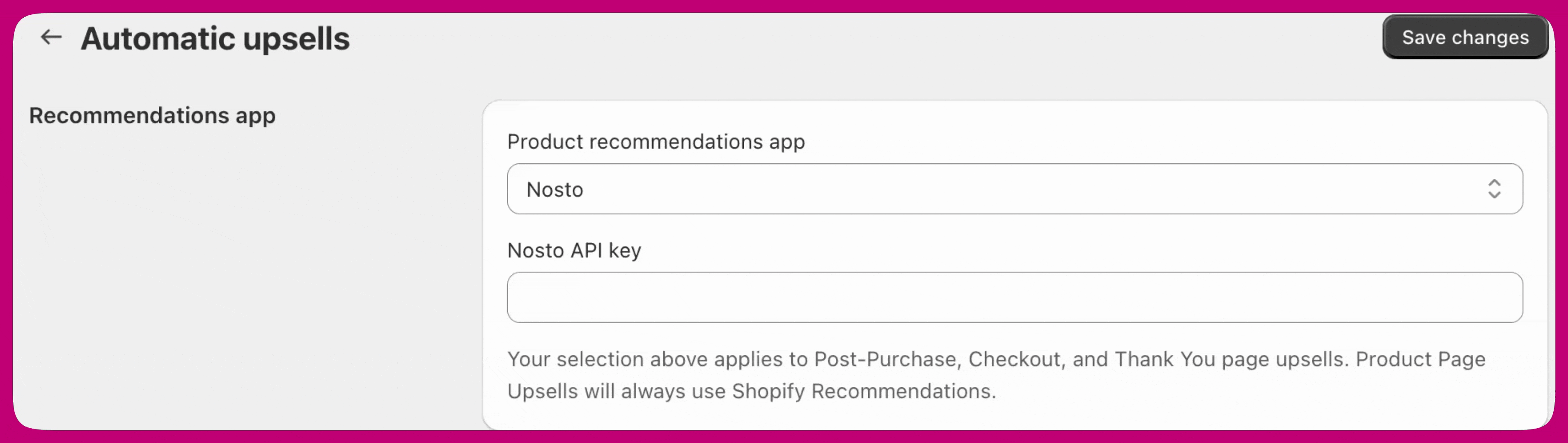 Aftersell Automatic upsells settings with Nosto selected and the Nosto API key field