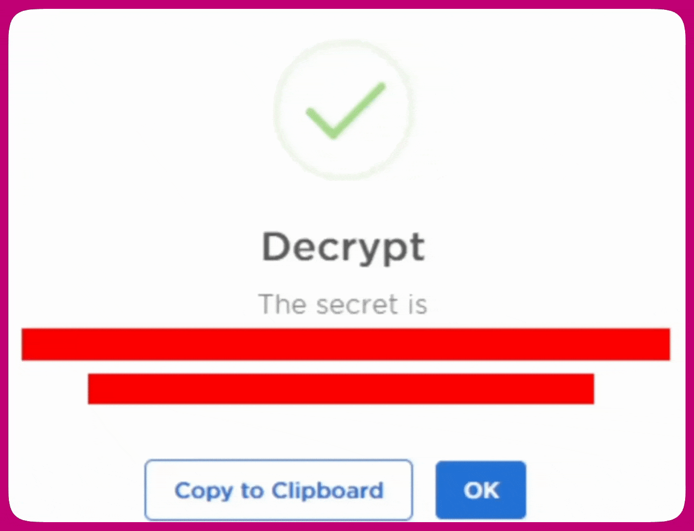Nosto Decrypt popup revealing the API secret with a Copy to Clipboard button