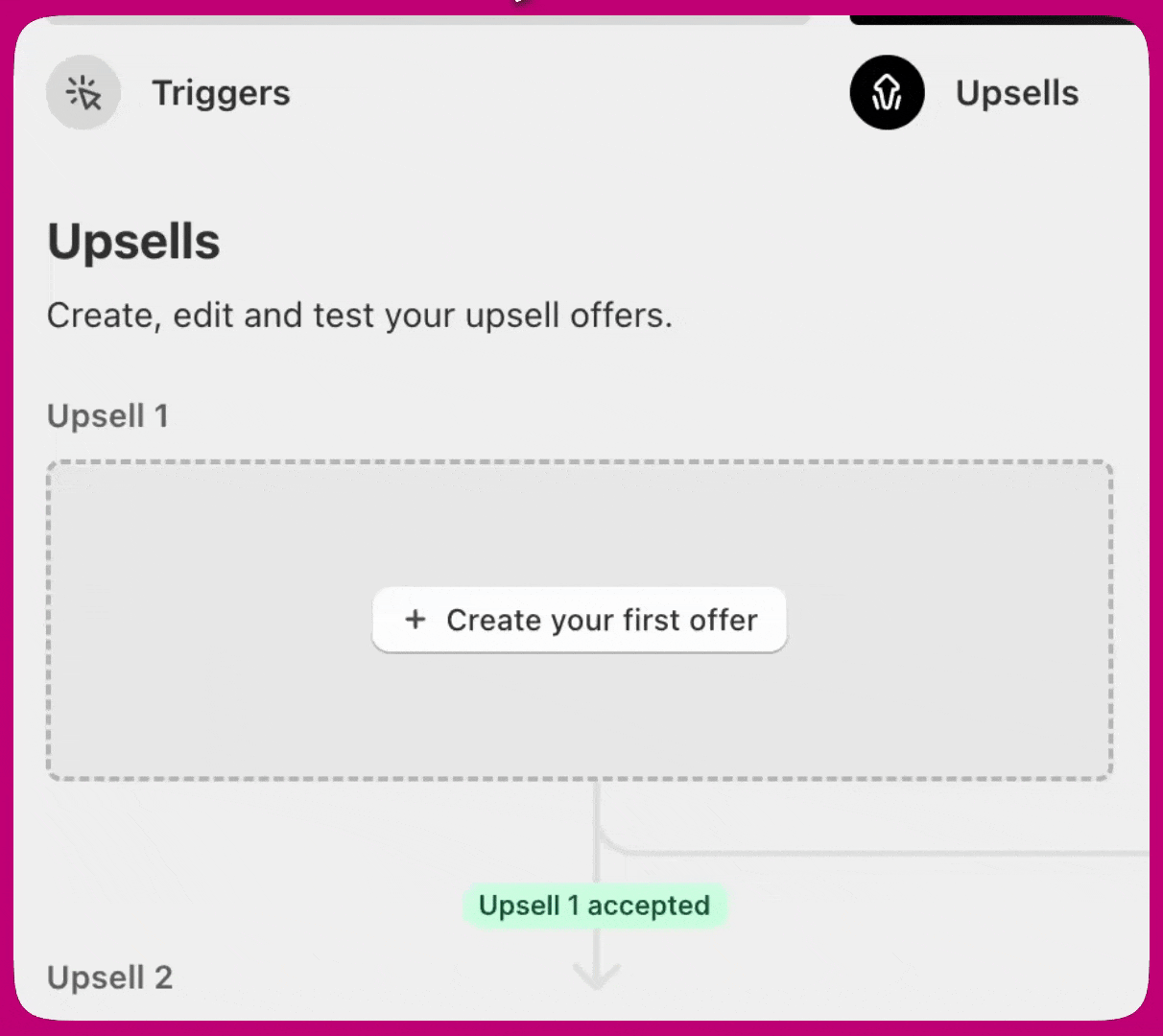 Funnel editor Upsells step with the Create your first offer button