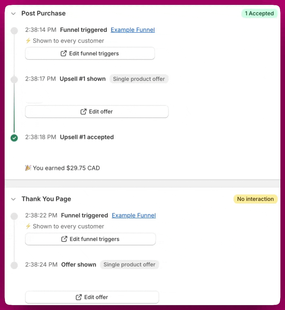 Individual order detail view with Post Purchase and Thank You Page event timelines