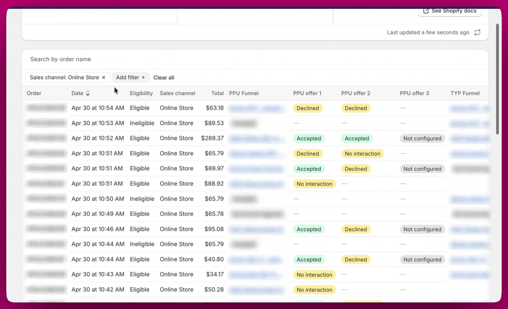 Order detail showing an ineligible post-purchase offer skipped by Shopify restrictions